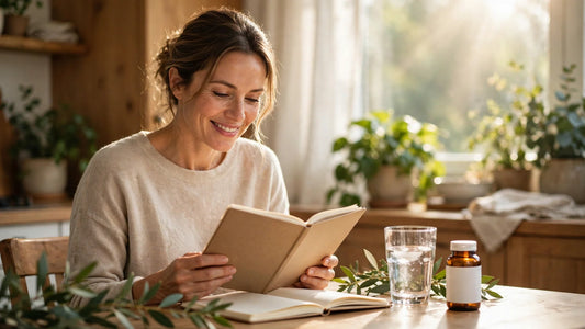 Woman enjoying a calm morning routine with a glass of water and a supplement bottle in natural light